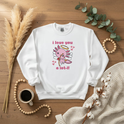 Axolotl Love Child Sweatshirt, Pink Animal Cupid Love Sweater. This Valentines Day kids pullover has a cute Mexican Salamander Axolotl Cupid with the text I Love you a Lot-L. Perfect gift for animal lover. Available in gray black white, by jaecrece