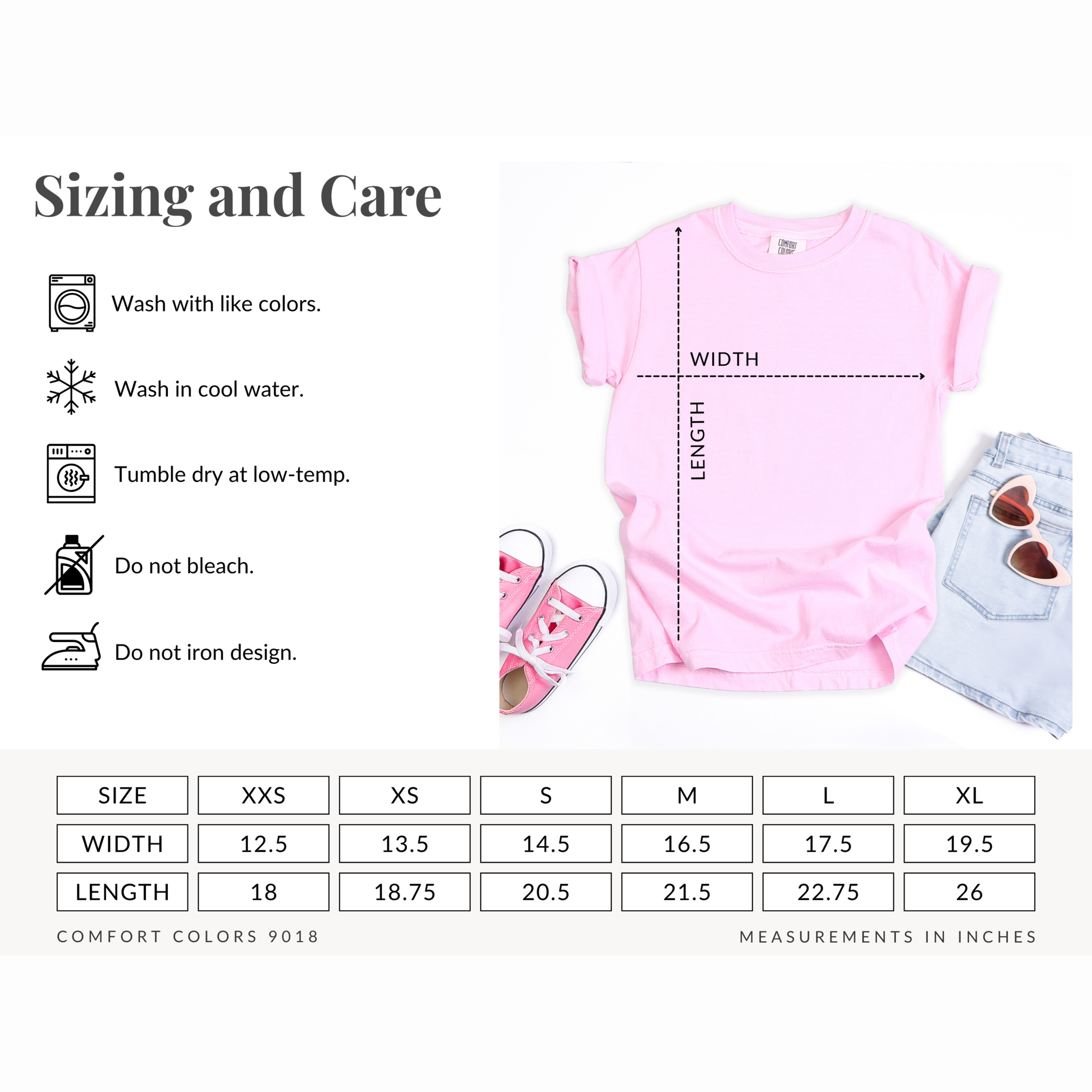 Youth Comfort Colors 9018 Tshirt Size Chart, sizes XXS, XS, S, M, L and XL