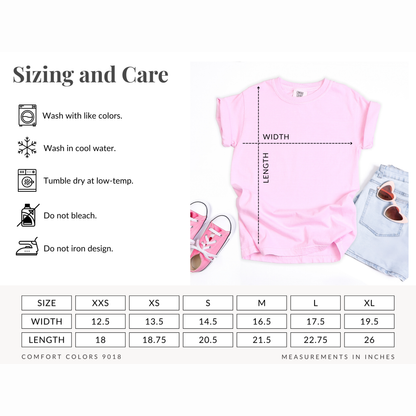 Youth Comfort Colors 9018 Tshirt Size Chart, sizes XXS, XS, S, M, L and XL
