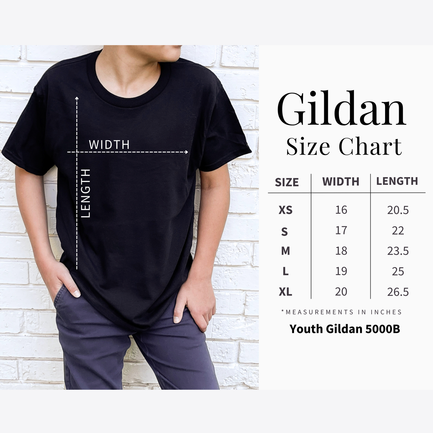 Youth Gildan 5000B Size chart. Available in sizes XS, S, M, L and XL