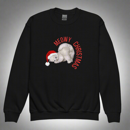 Youth Meowy Christmas Sweatshirt in sizes XS–XL features a festive holiday cat design with playful Christmas flair, perfect for cat-loving kids and tweens. This cozy unisex pullover makes a great gift for boys and girls who adore cats, Christmas sweaters, or funny holiday apparel. Ideal for holiday parties, classroom celebrations, or casual winter wear, this Christmas cat sweatshirt blends comfort and humor for a meowgical holiday season.