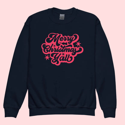 Youth sweatshirt features southern holiday style with "Merry Christmas Y’all" in eye-catching red script. Perfect for Christmas day, gift giving, and festive fun, this unisex sweatshirt brings joy to your child’s wardrobe and matches the full family set.
