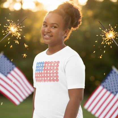 Youth size USA graphic t shirt with cheerful smiley faces and American flag inspired design, comfortable cotton tee for kids, vacations, celebrations, and everyday wear