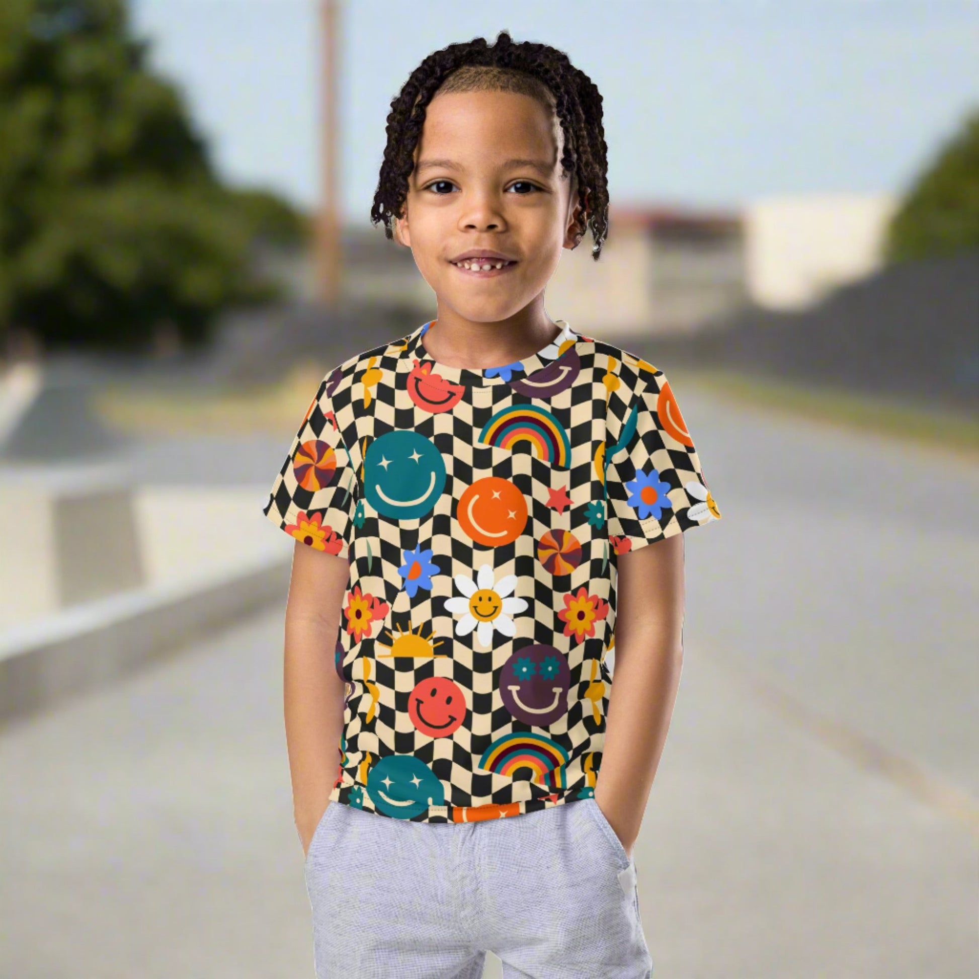 Smiley Face Checkerboard Kids Crew Neck T-Shirt Smiley Face Checkerboard Girls Leggings. This cute retro shirt features a black and khaki checkerboard background, with smiley face, rainbow and daisy graphics. In toddler, and girls sizes. by jaecrece.comSize 2T-7 - jaecrece