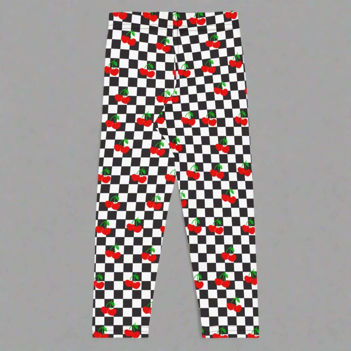 Love You CHERRY Much Child Leggings, Size 2T-7, with a black and white checkerboard cherry pattern. These  - jaecrece These toddler leggings are great for back to school or as a birthday or christmas gift!