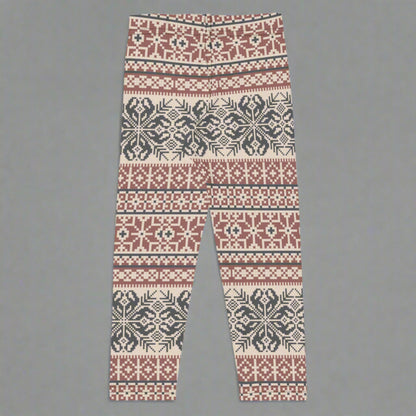 Image: Fair Isle Girls Leggings with a Nordic Snowflake pattern in cream, maroon and navy blue. Scandi Active wear yoga pants in child an toddler sizes 2T-7,  by jaecrece