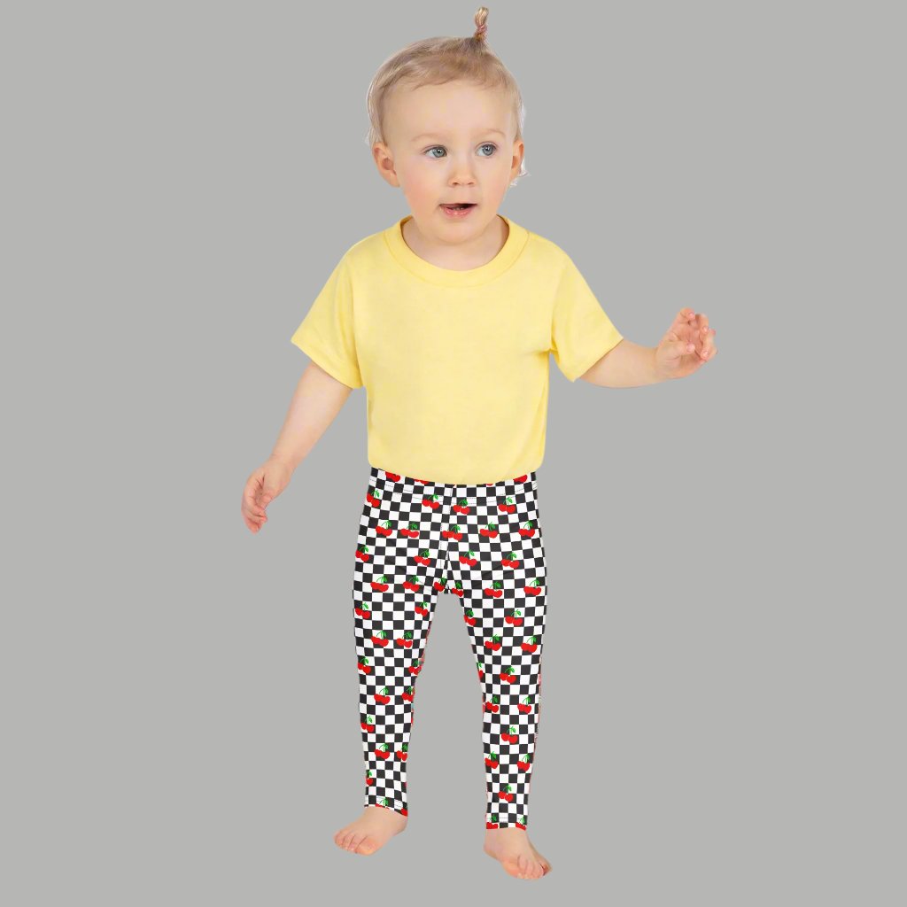 Love You CHERRY Much Child Leggings, Size 2T-7, with a black and white checkerboard cherry pattern. These  - jaecrece These toddler leggings are great for back to school or as a birthday or christmas gift!