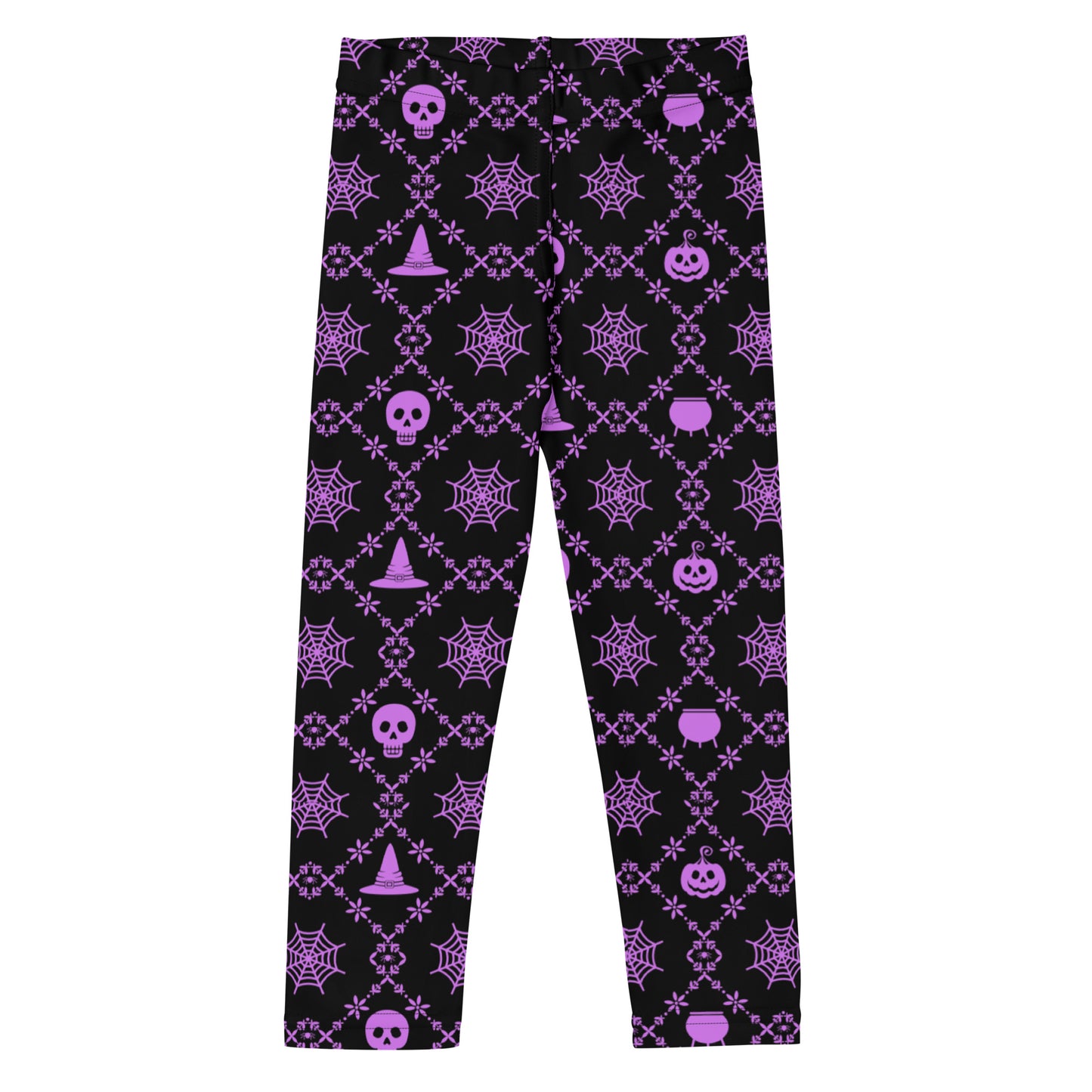 Wickedly Cute Toddler & Kids Halloween Leggings, featuring a black material with a purple geometric pattern that consists of spiders webs, pumpkins, witches hats and skulls, by jaecrece.com