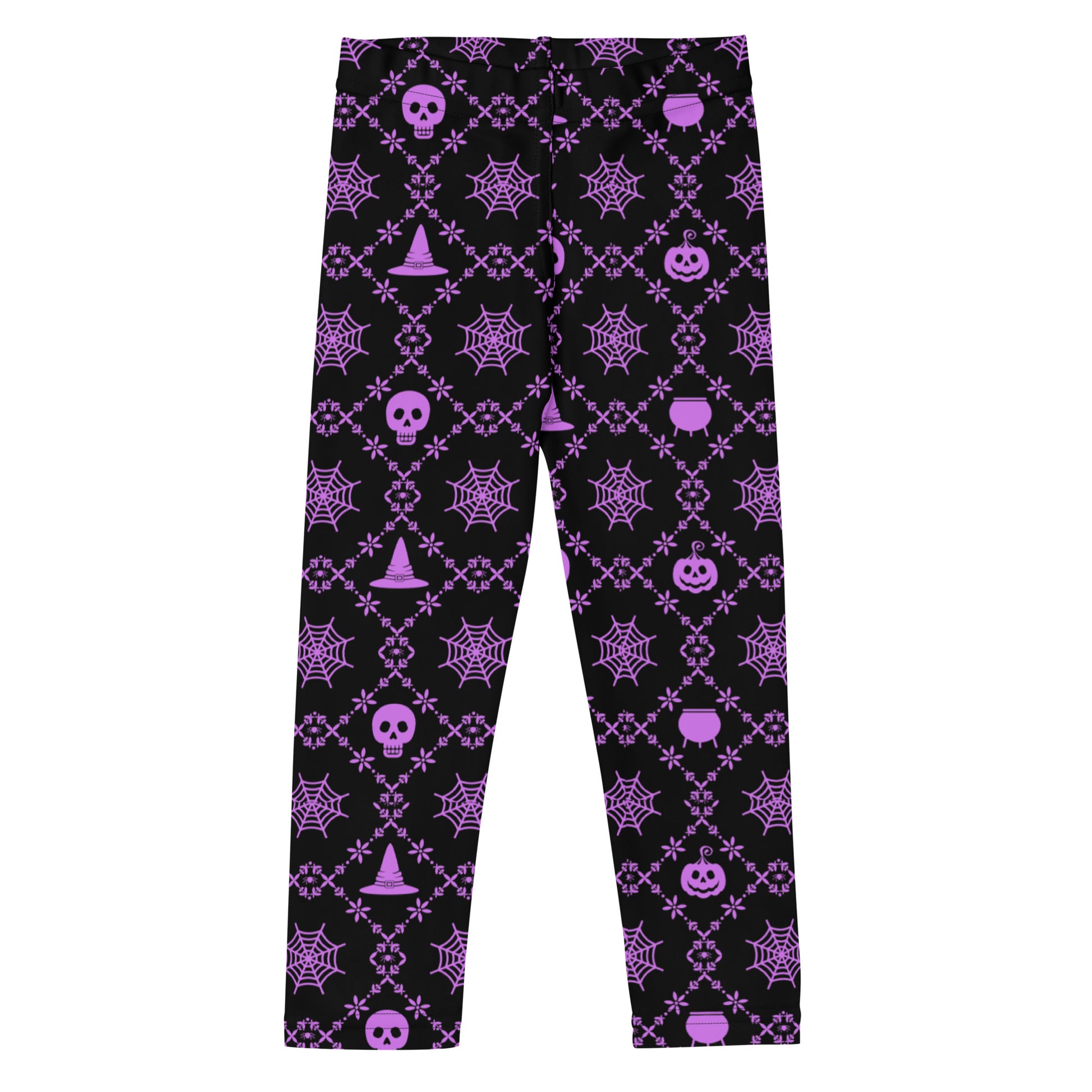 Wickedly Cute Toddler & Kids Halloween Leggings, featuring a black material with a purple geometric pattern that consists of spiders webs, pumpkins, witches hats and skulls, by jaecrece.com