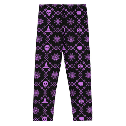 Wickedly Cute Toddler & Kids Halloween Leggings, featuring a black material with a purple geometric pattern that consists of spiders webs, pumpkins, witches hats and skulls, by jaecrece.com