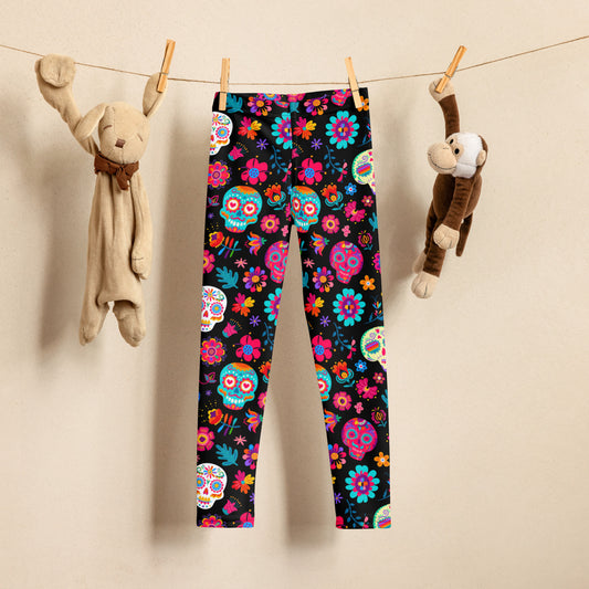 Dia de los Muertos Toddler Leggings, Sugar Skull Girls Pants, Day of the Dead Halloween Costume Tights. Black yoga pants with sugar skulls, and flowers, by jaecrece