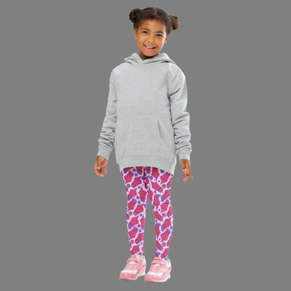 Cute Ghosts with Flowers Halloween Toddler Leggings. These kids yoga pants are light pink, with adorable hot pink ghosts with blue flowers. The perfect pants for Trick or Treating or a Spooky School outfit. Available in 2T, 3T, 4T, 5T, 6, 6X and 7, by jaecrece