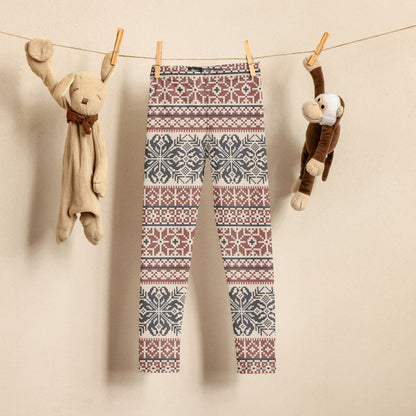 Image: Fair Isle Girls Leggings with a Nordic Snowflake pattern in cream, maroon and navy blue. Scandi Active wear yoga pants in child an toddler sizes 2T-7,  by jaecrece