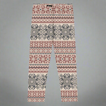 Image: Fair Isle Girls Leggings with a Nordic Snowflake pattern in cream, maroon and navy blue. Scandi Active wear yoga pants in child an toddler sizes 2T-7,  by jaecrece