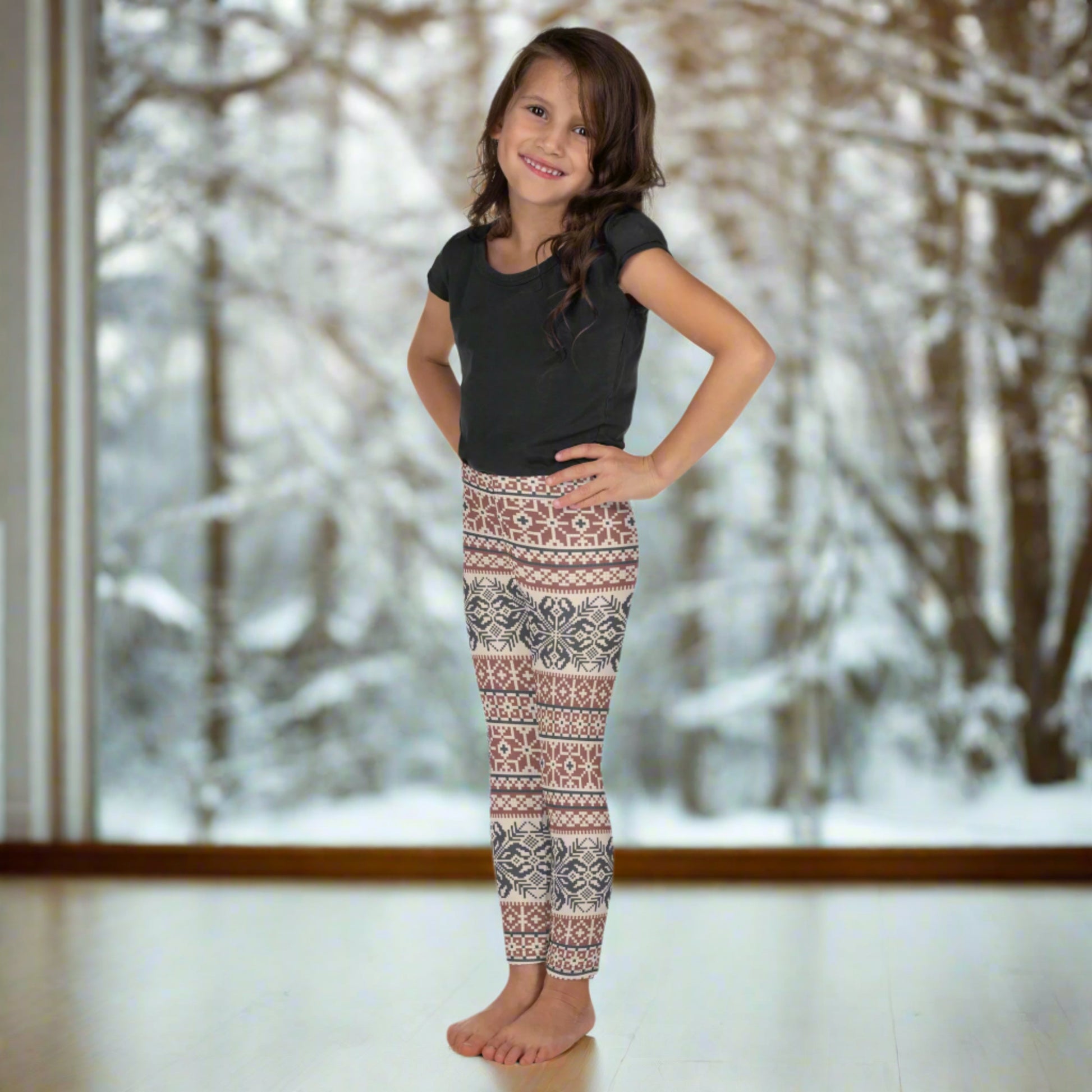 Image: Fair Isle Girls Leggings with a Nordic Snowflake pattern in cream, maroon and navy blue. Scandi Active wear yoga pants in child an toddler sizes 2T-7,  by jaecrece