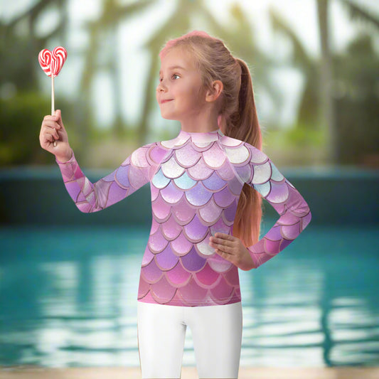 Image: Pink Mermaid Scales Girls rash guard. This swimwear is in toddler and girl sizes, and is part of a family matching swimwear collection. It features mermaid scales in shades of pink, blue and purple, by jaecrece