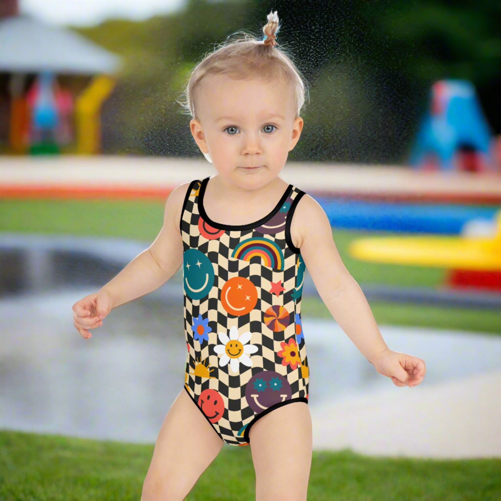 Smiley Face Checkerboard Girls One Piece Bathing Suit. This cute retro swimsuit features a black and khaki checkerboard background, with smiley face, rainbow and daisy graphics. In toddler and girls sizes, 2T-7. by jaecrece.com