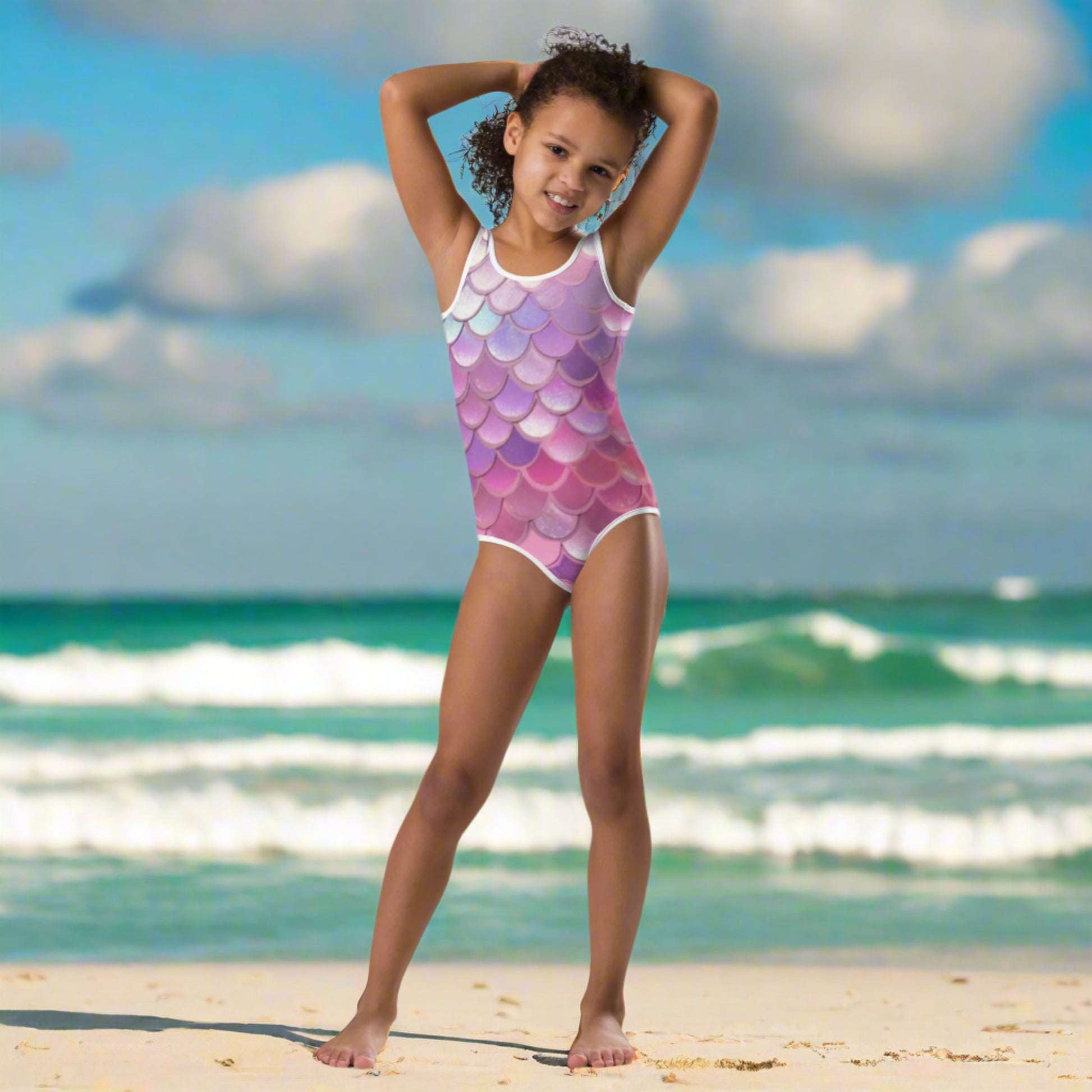 Image: Mermaid One Piece Swimsuit for Girls. This bathing suit is available in sizes 2T-7. It features mermaid scales in shades of pink, purple, blue and white, by jaecrece