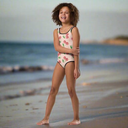 Image: Disco Cherries Kids  One Piece Swimsuit n sizes 2T-7, This fruit inspired swimsuit is a part of our Family Matching Swimwear Collection, and features a pink background with red disco ball cherries and stars, by jaecrece