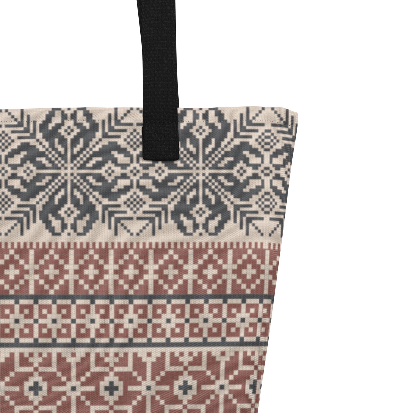 Image: Fair Isle Tote bag in shades of burgundy and navy. This winter carryall has a Nordic pattern of flowers and snowflakes, by jaecrece