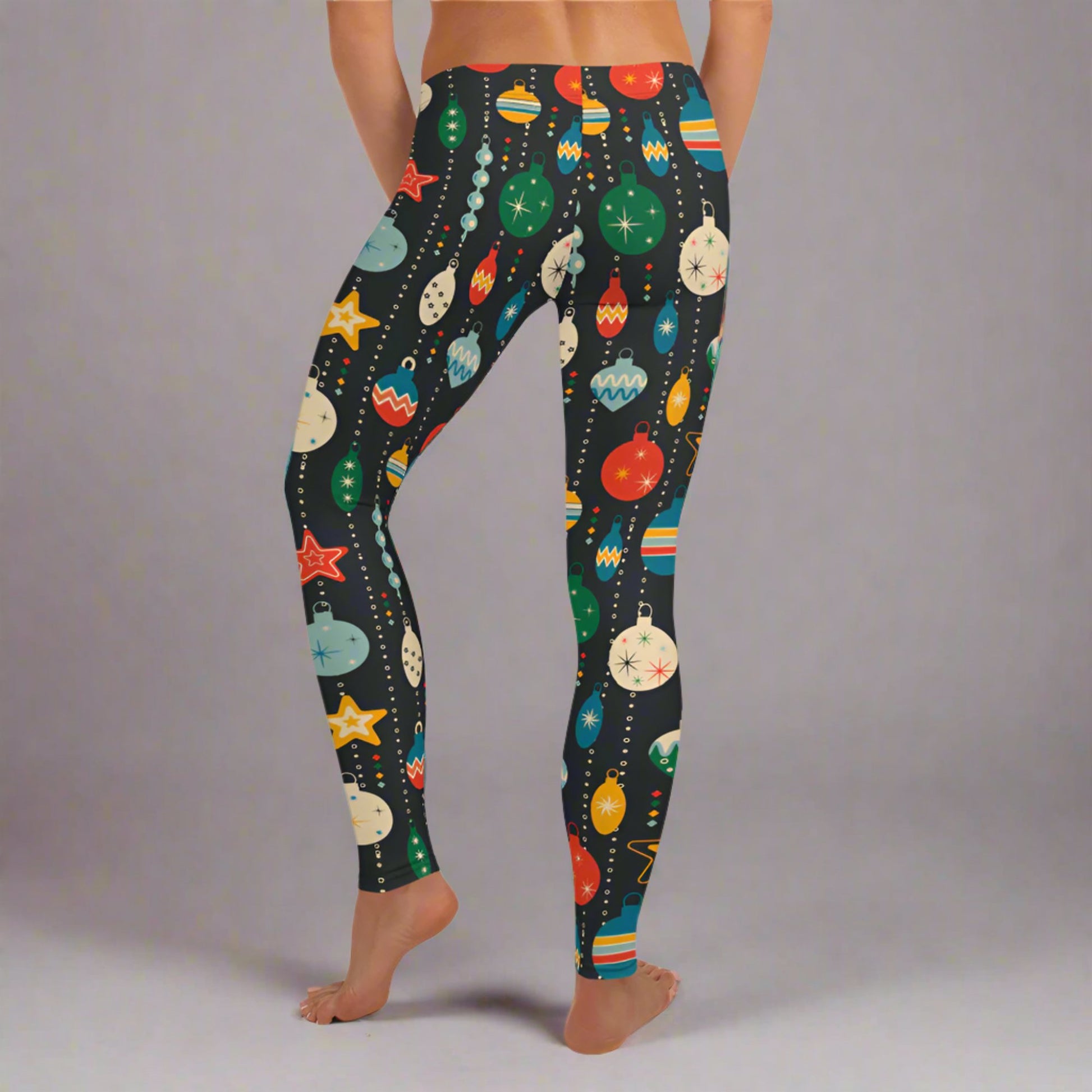 Vintage Mid Century Modern Christmas Ornament leggings. Cute Xmas printed navy yoga pants with festive retro design. Ideal for toddler girls, youth, teens, and tweens, and women for a holiday party, yoga workout session, or Mommy and Me Match gift.