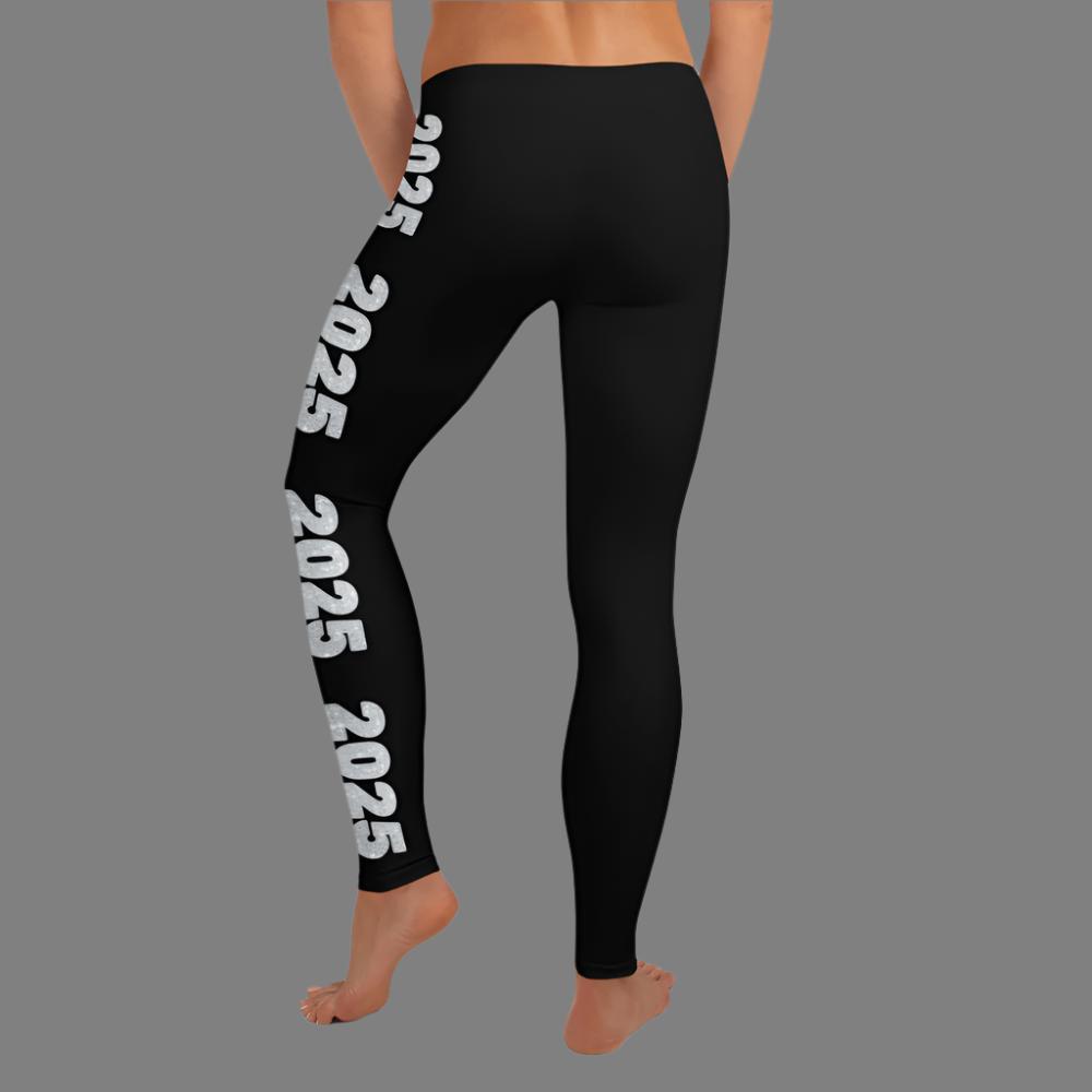 2025 Leggings for Happy New Year Party Celebration or a gift for graduating class of 2025. Black yoga pants have large repeating silver 2025 running down the outside of each leg. Tights are available in women / ladies sizes XS-XL, by jaecrece