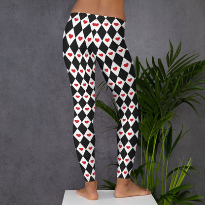 Image: Harlequin Love Ladies Leggings. These yoga tights have a black and white checker/ diamond pattern with a red heart accent, the perfect leggings for valentines day or a Queen of Hearts costume, by jaecrece