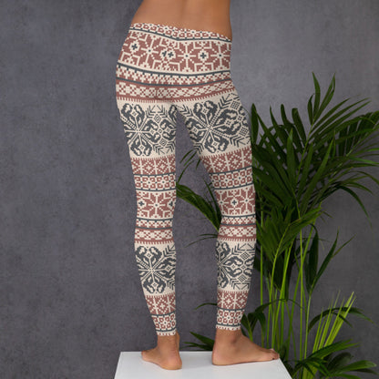 Image: Fair Isle Leggings with a Nordic Snowflake pattern in cream, maroon and navy blue. Scandi Active wear yoga pants for women,  by jaecrece