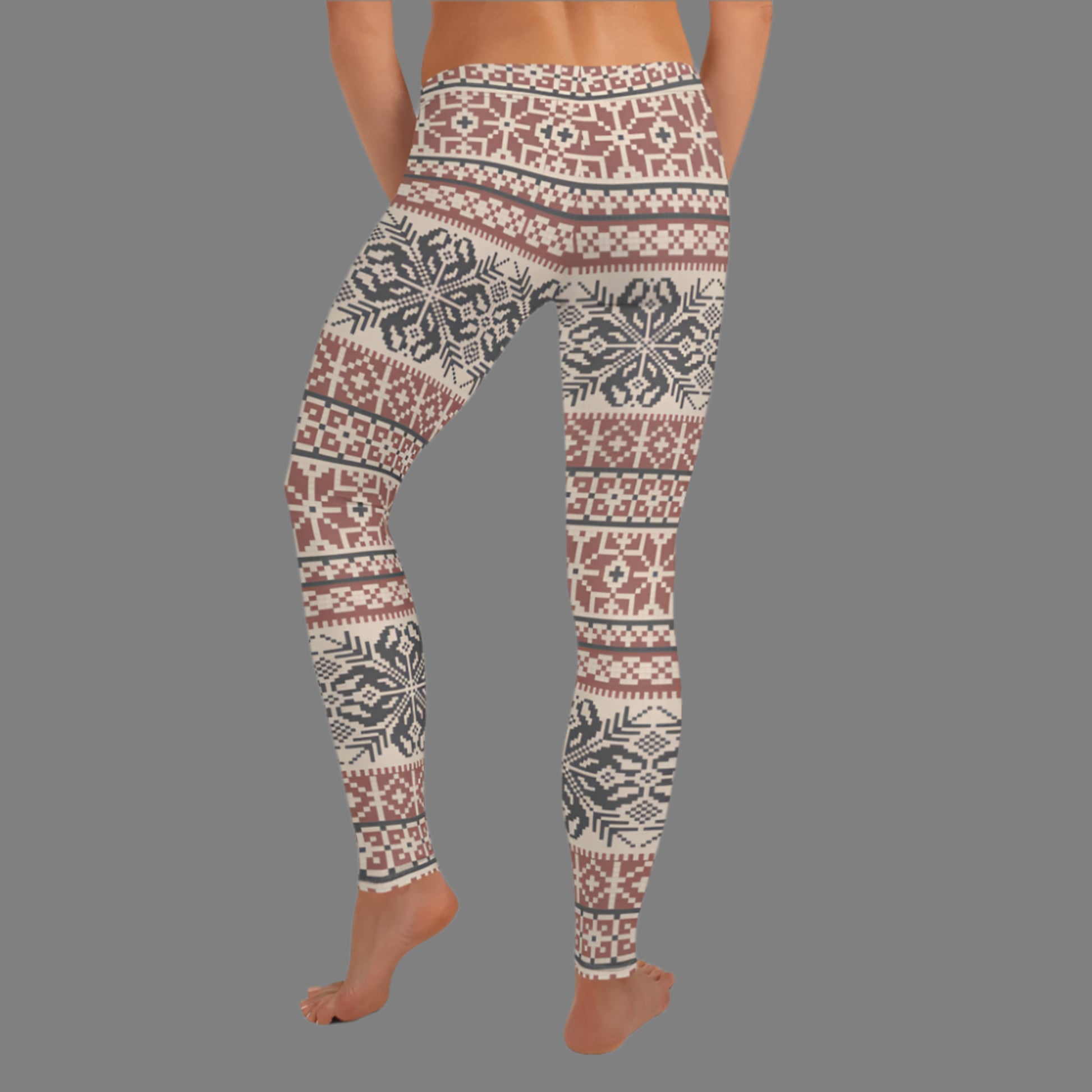 Image: Fair Isle Leggings with a Nordic Snowflake pattern in cream, maroon and navy blue. Scandi Active wear yoga pants for women,  by jaecrece