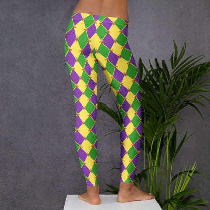 image: harlequin diamond or checkerboard pattern leggings in purple, green and gold, with a repeating Fleur de Lis pattern, by jaecrece
Mardi Gras Leggings, Fat Tuesday Tights, Women Parade Outfit, Yoga Workout Pants, Mommy Me Match, New Orleans NOLA Costume