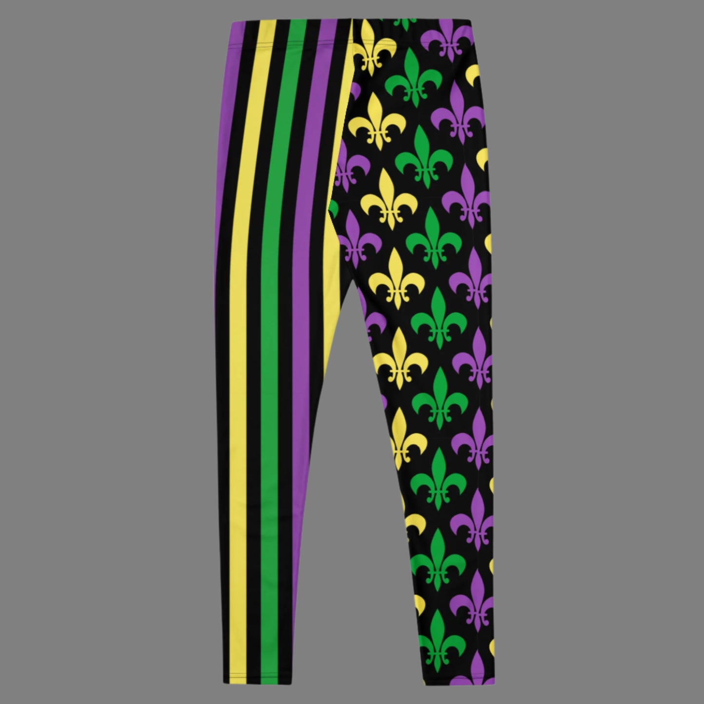 Alt text: Mardi Gras leggings for toddler girls, tweens, and women. Featuring a black background, one leg has bold gold, green, and purple stripes, while the other showcases a fleur-de-lis pattern. Perfect for celebrating New Orleans style with festive flair.