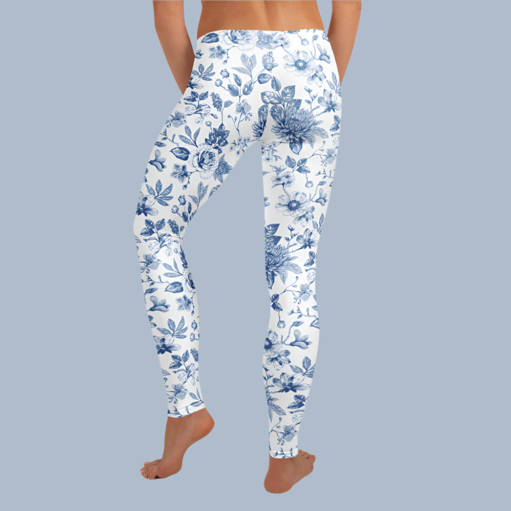 Image: Blue toile leggings for women that blend vintage French flair with modern fit and function. Designed in a soft stretchy fabric, these leggings are perfect for stylish moms, relaxed weekends, or coordinated family looks. Available in XS to XL and ideal for spring and summer wear. Whether lounging at home or taking family photos, these leggings make a statement, by jaecrece.