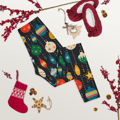 Vintage Mid Century Modern Christmas Ornament leggings. Cute Xmas printed navy yoga pants with festive retro design. Ideal for toddler girls, youth, teens, and tweens, and women for a holiday party, yoga workout session, or Mommy and Me Match gift.