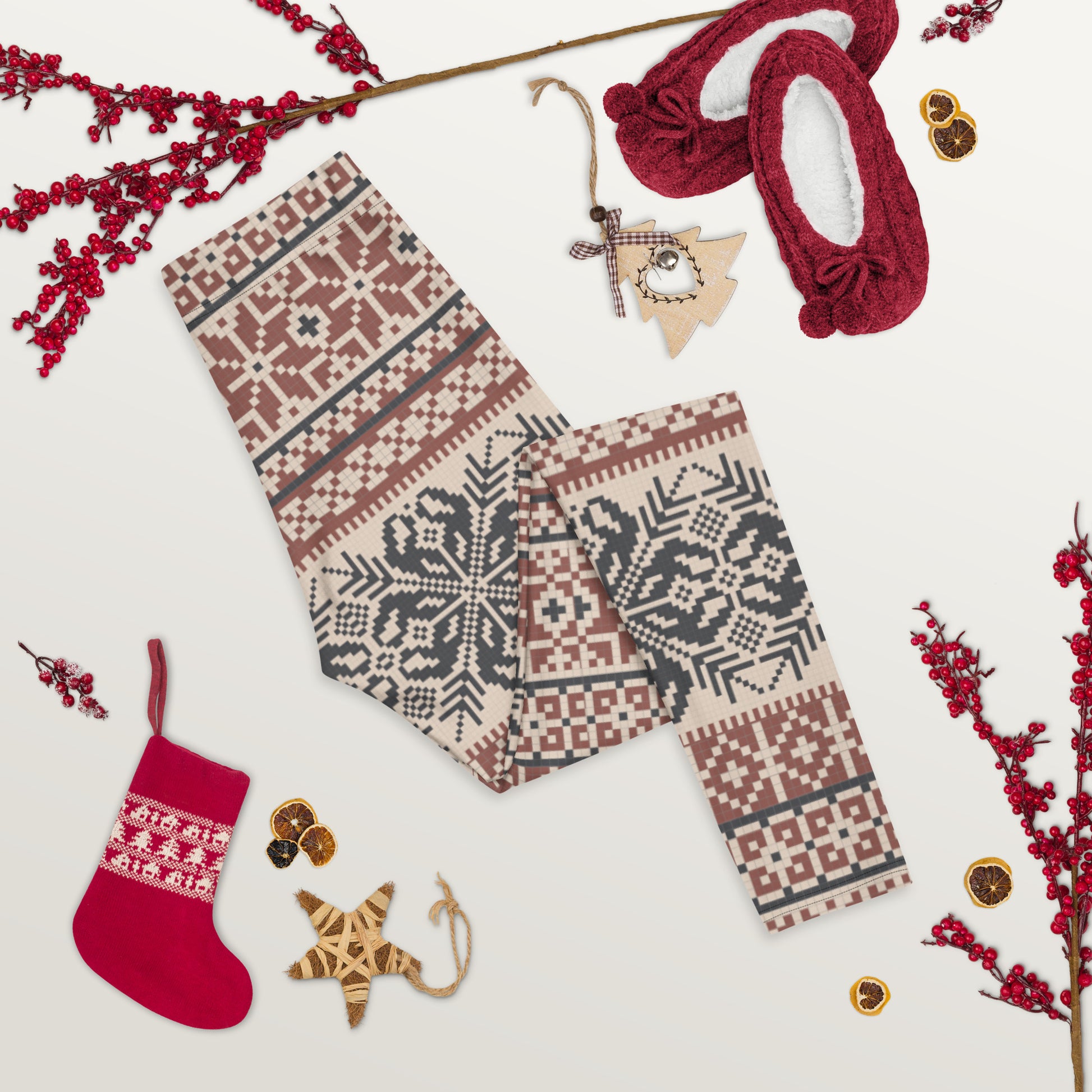 Image: Fair Isle Leggings with a Nordic Snowflake pattern in cream, maroon and navy blue. Scandi Active wear yoga pants for women,  by jaecrece