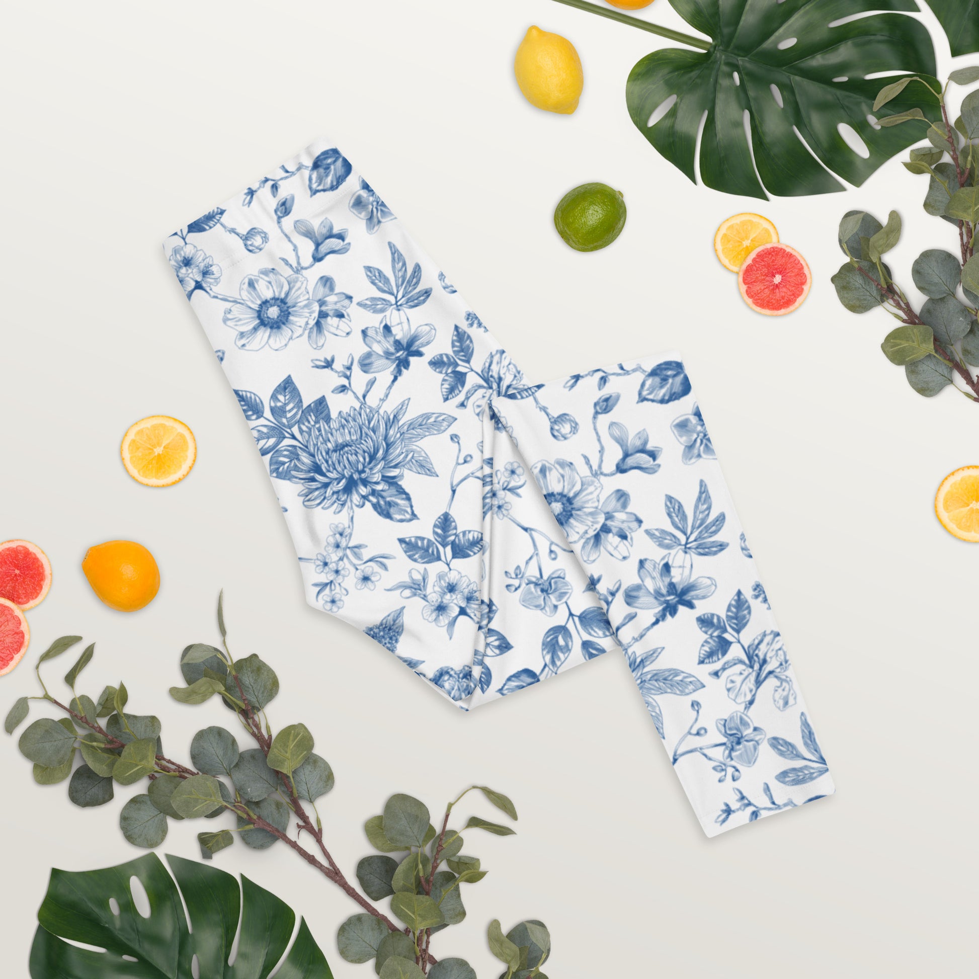 Image: Blue toile leggings for women that blend vintage French flair with modern fit and function. Designed in a soft stretchy fabric, these leggings are perfect for stylish moms, relaxed weekends, or coordinated family looks. Available in XS to XL and ideal for spring and summer wear. Whether lounging at home or taking family photos, these leggings make a statement, by jaecrece.