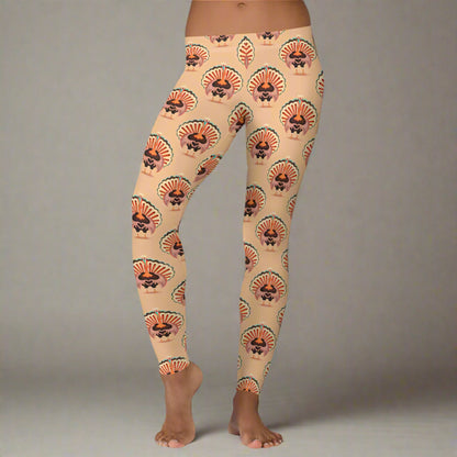 Thanksgiving Turkey Love ladies leggings. These womens yoga pants are peach, and have a repeating pattern of turkeys showing the love sign with their hands. These womens tights make a great gift, or a family matching outfit for the Turkey Trot! by jaecrece