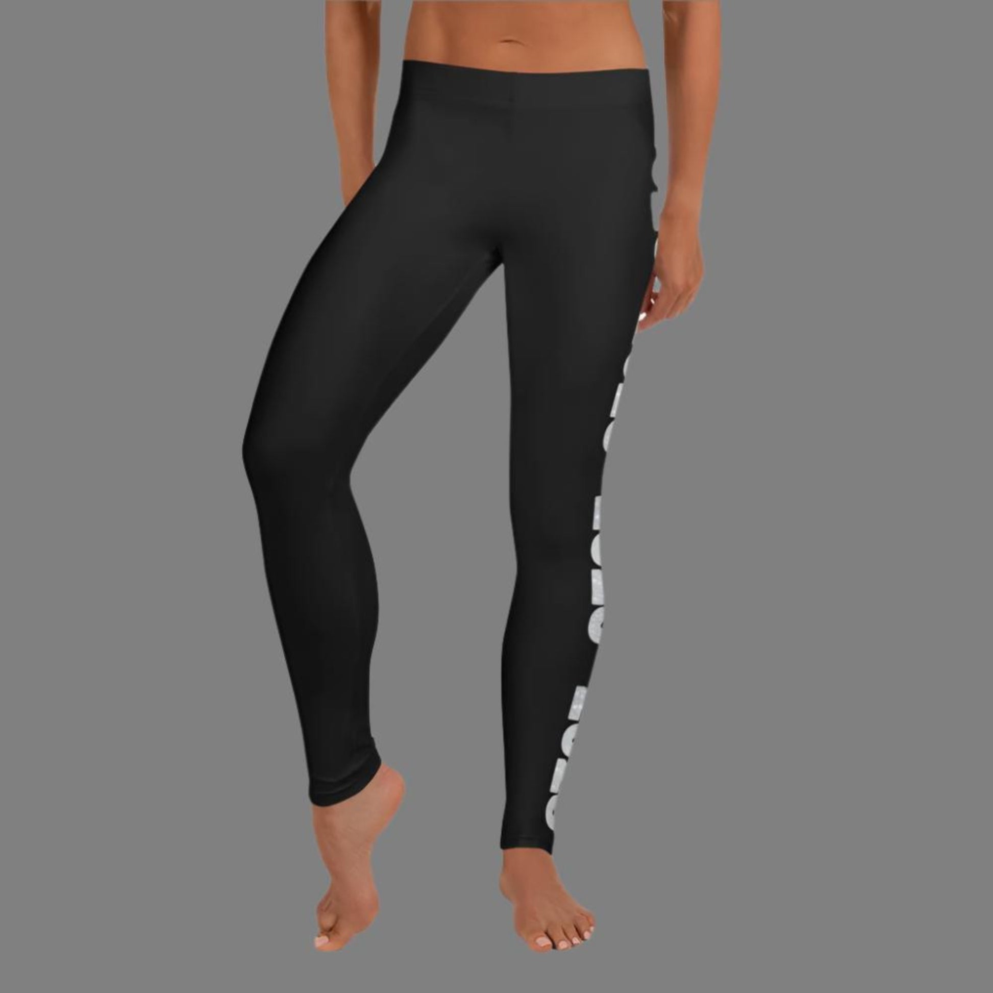 2025 Leggings for Happy New Year Party Celebration or a gift for graduating class of 2025. Black yoga pants have large repeating silver 2025 running down the outside of each leg. Tights are available in women / ladies sizes XS-XL, by jaecrece