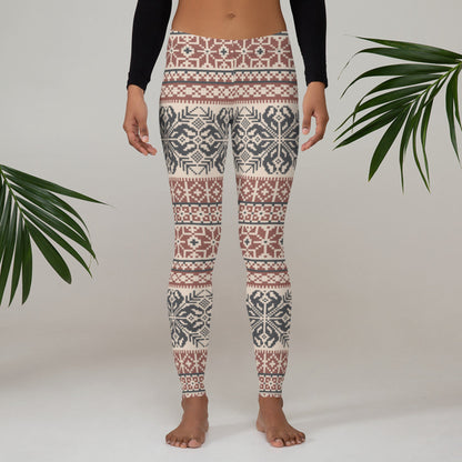 Image: Fair Isle Leggings with a Nordic Snowflake pattern in cream, maroon and navy blue. Scandi Active wear yoga pants for women,  by jaecrece