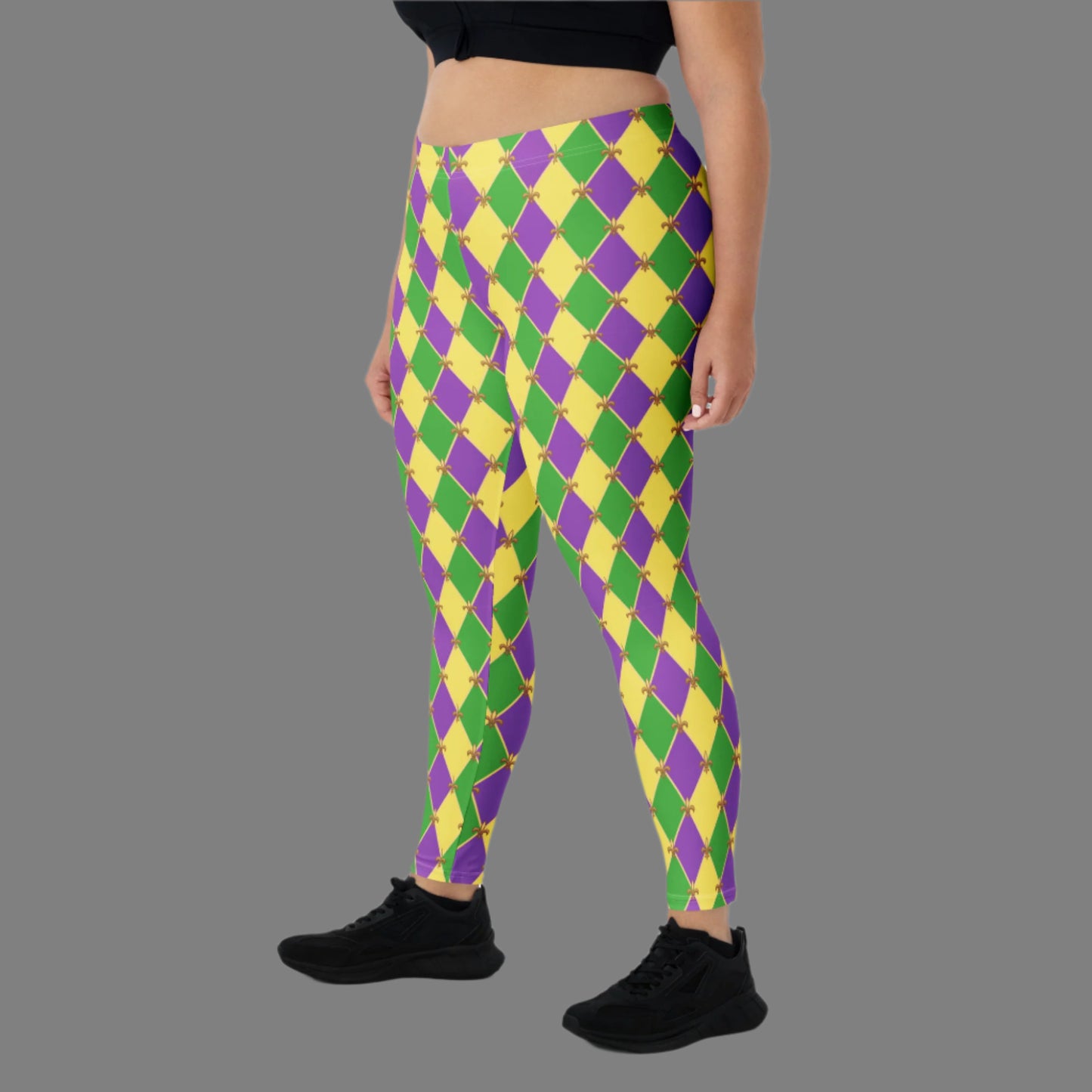 image: harlequin diamond or checkerboard pattern leggings in purple, green and gold, with a repeating Fleur de Lis pattern, by jaecrece
Mardi Gras Leggings, Fat Tuesday Tights, Women Parade Outfit, Yoga Workout Pants, Mommy Me Match, New Orleans NOLA Costume