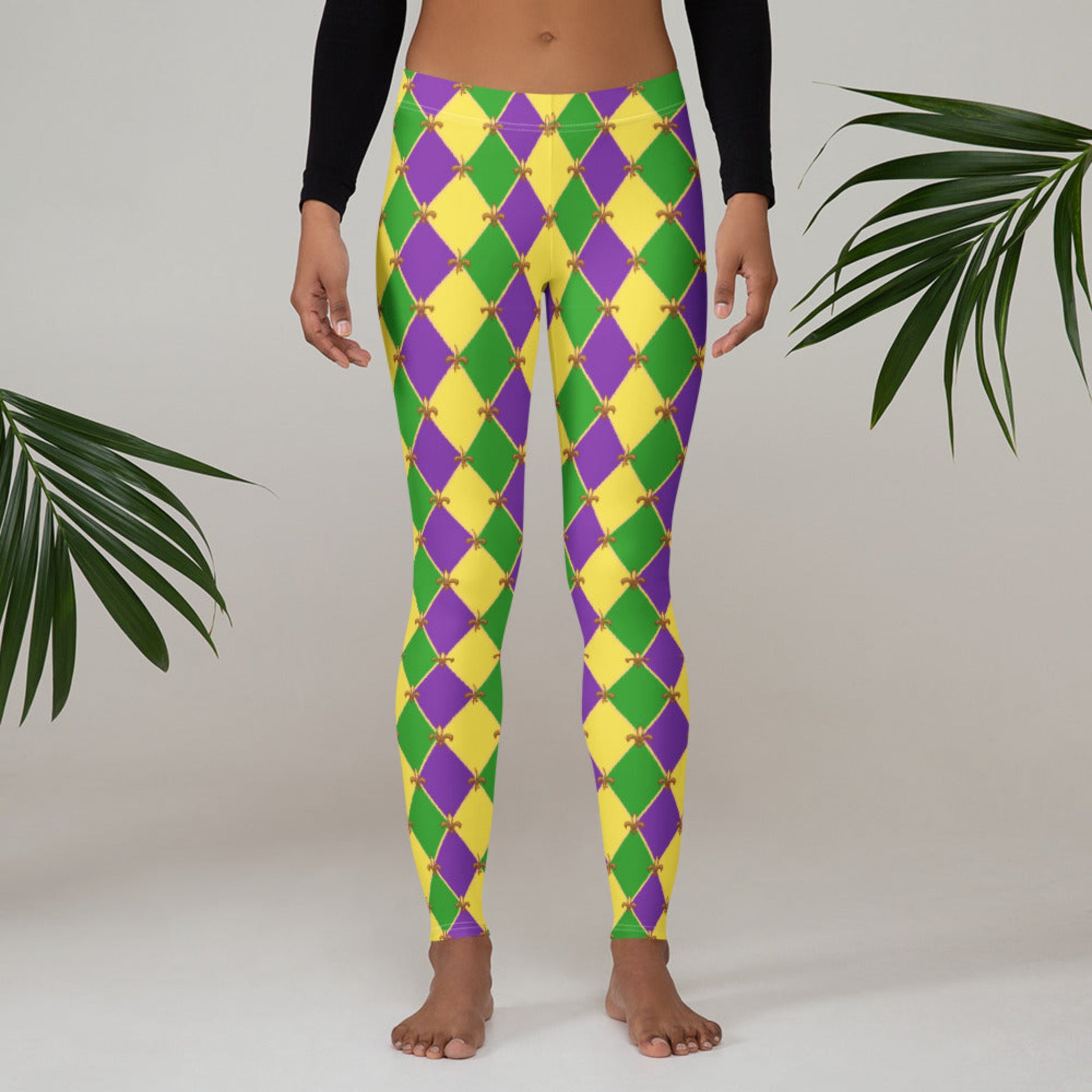 image: harlequin diamond or checkerboard pattern leggings in purple, green and gold, with a repeating Fleur de Lis pattern, by jaecrece
Mardi Gras Leggings, Fat Tuesday Tights, Women Parade Outfit, Yoga Workout Pants, Mommy Me Match, New Orleans NOLA Costume