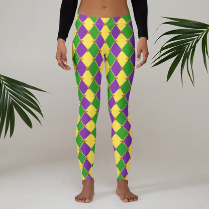 image: harlequin diamond or checkerboard pattern leggings in purple, green and gold, with a repeating Fleur de Lis pattern, by jaecrece
Mardi Gras Leggings, Fat Tuesday Tights, Women Parade Outfit, Yoga Workout Pants, Mommy Me Match, New Orleans NOLA Costume