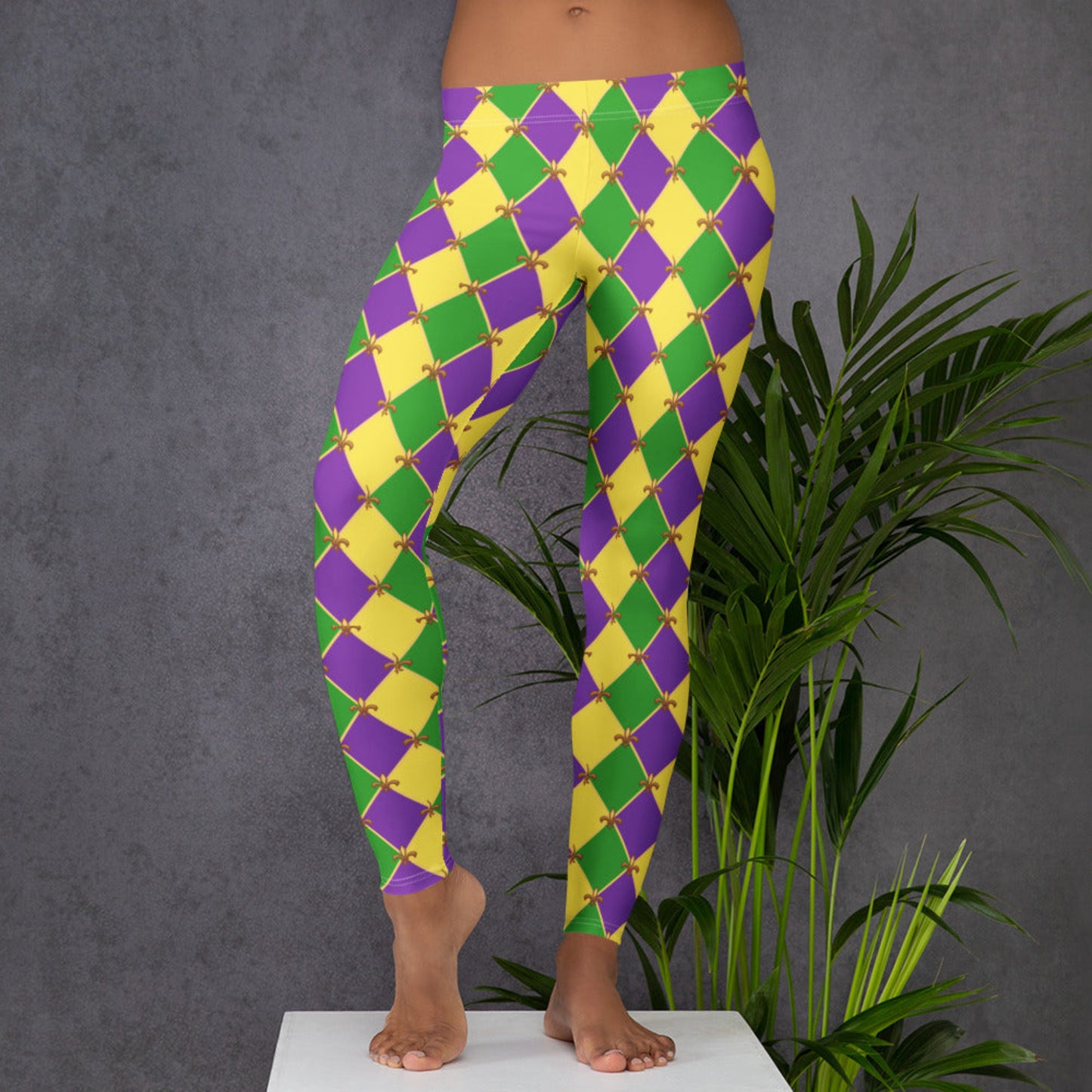 image: harlequin diamond or checkerboard pattern leggings in purple, green and gold, with a repeating Fleur de Lis pattern, by jaecrece
Mardi Gras Leggings, Fat Tuesday Tights, Women Parade Outfit, Yoga Workout Pants, Mommy Me Match, New Orleans NOLA Costume