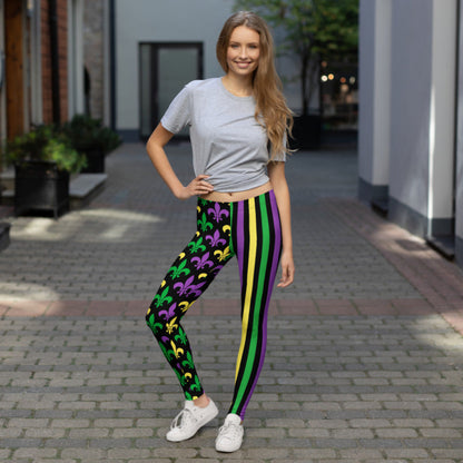 Alt text: Mardi Gras leggings for toddler girls, tweens, and women. Featuring a black background, one leg has bold gold, green, and purple stripes, while the other showcases a fleur-de-lis pattern. Perfect for celebrating New Orleans style with festive flair.