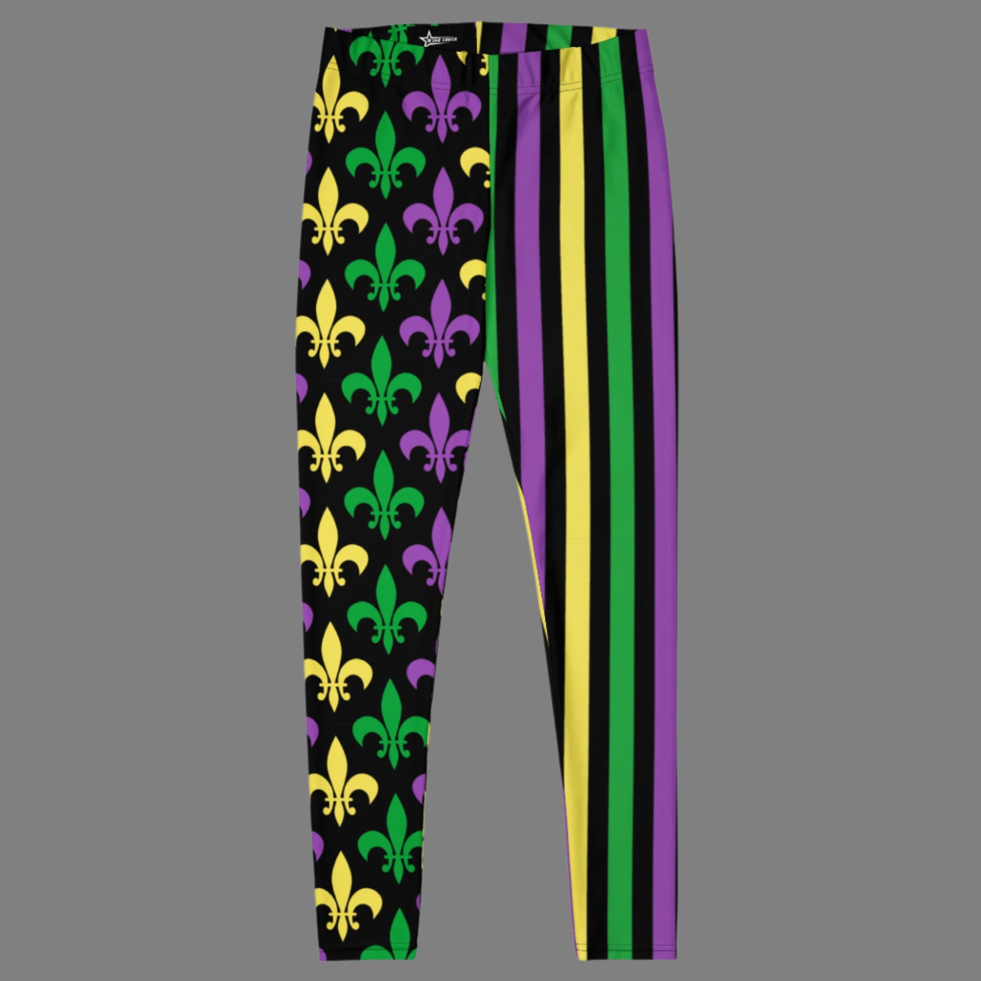 Alt text: Mardi Gras leggings for toddler girls, tweens, and women. Featuring a black background, one leg has bold gold, green, and purple stripes, while the other showcases a fleur-de-lis pattern. Perfect for celebrating New Orleans style with festive flair.