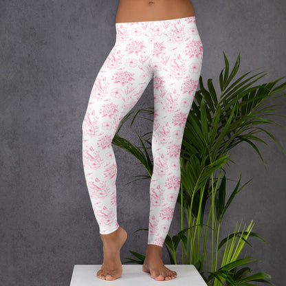 Image: Vintage-inspired pink toile leggings designed for women who love family matching sets. The delicate floral pattern adds a feminine touch to soft, stretchy fabric, ideal for movement and everyday style. Pair with coordinating toddler and youth leggings for spring events, family reunions, or just fun mommy and me moments. Available in sizes XS through XL, by jaecrece.