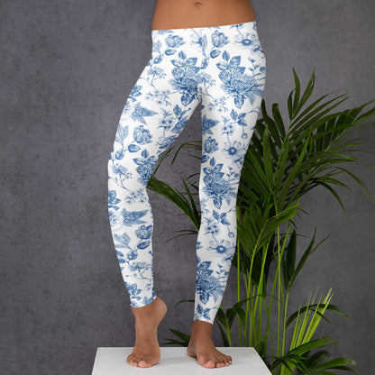 Image: Elegant women’s leggings with a soft blue toile design inspired by French vintage art. Sizes XS to XL offer a flattering fit in stretchy, breathable fabric. Ideal for pairing with neutrals or denim, these leggings work well for casual days or garden parties. Add to your spring or summer wardrobe and match with your child for a cohesive family look, by jaecrece.