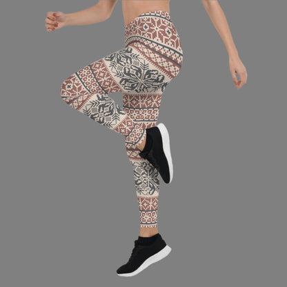 Image: Fair Isle Leggings with a Nordic Snowflake pattern in cream, maroon and navy blue. Scandi Active wear yoga pants for women,  by jaecrece