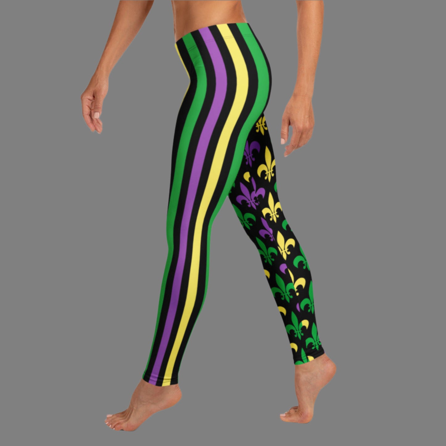 Alt text: Mardi Gras leggings for toddler girls, tweens, and women. Featuring a black background, one leg has bold gold, green, and purple stripes, while the other showcases a fleur-de-lis pattern. Perfect for celebrating New Orleans style with festive flair.