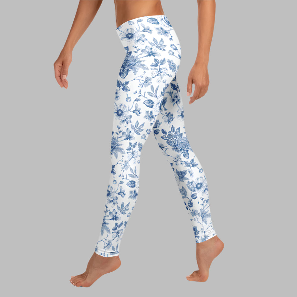 Image: Blue toile leggings for women that blend vintage French flair with modern fit and function. Designed in a soft stretchy fabric, these leggings are perfect for stylish moms, relaxed weekends, or coordinated family looks. Available in XS to XL and ideal for spring and summer wear. Whether lounging at home or taking family photos, these leggings make a statement, by jaecrece.