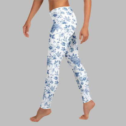 Image: Blue toile leggings for women that blend vintage French flair with modern fit and function. Designed in a soft stretchy fabric, these leggings are perfect for stylish moms, relaxed weekends, or coordinated family looks. Available in XS to XL and ideal for spring and summer wear. Whether lounging at home or taking family photos, these leggings make a statement, by jaecrece.